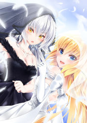 Rule 34 | 2girls, :d, absurdres, black dress, blonde hair, blue eyes, blush, bow, breasts, bridal veil, cleavage, collarbone, dress, dutch angle, elbow gloves, fate/grand order, fate (series), feathers, floating hair, gloves, hair between eyes, highres, jeanne d&#039;arc (fate), jeanne d&#039;arc (ruler) (fate), jeanne d&#039;arc alter (avenger) (fate), jeanne d&#039;arc alter (fate), jewelry, long hair, looking at viewer, medium breasts, multiple girls, necklace, niie, open mouth, silver hair, skirt hold, sleeveless, sleeveless dress, smile, standing, strapless, strapless dress, veil, very long hair, wedding dress, white bow, white dress, white feathers, white gloves, yellow eyes