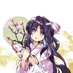 Rule 34 | 1girl, blue hair, branch, cherry blossoms, colored inner hair, commentary request, flat chest, girl who trained on mt. haku (touhou), heterochromia, highres, holding, holding branch, japanese clothes, kaigen 1025, kimono, long hair, long sleeves, looking at viewer, miko, multicolored hair, no nose, open mouth, pink eyes, portrait of exotic girls, purple eyes, purple hair, touhou, upper body, white kimono, white sleeves
