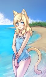 Rule 34 | 1girl, animal ear fluff, animal ears, beach, blonde hair, blue eyes, blue one-piece swimsuit, cat ears, cat tail, day, frilled swimsuit, frills, monorus, ocean, one-piece swimsuit, original, solo, swimsuit, tail