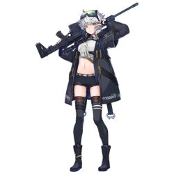 Rule 34 | 1girl, arm up, belt, black coat, black footwear, black gloves, black shorts, black thighhighs, boots, breasts, brown thighhighs, chukavin svch, closed mouth, coat, collared shirt, crop top, expressionless, fanny pack, fingerless gloves, full body, girls&#039; frontline, gloves, goggles, goggles on head, green eyes, gun, hand up, headphones, headphones around neck, highres, holding, holding gun, holding weapon, layered sleeves, long sleeves, looking at viewer, medium breasts, midriff, multiple straps, nagu, navel, official art, open clothes, open coat, rifle, scope, shirt, short hair, short over long sleeves, short shorts, short sleeves, shorts, silver hair, sniper rifle, solo, standing, stomach, svch (girls&#039; frontline), thighhighs, thighs, transparent background, weapon, white shirt