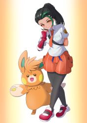 Rule 34 | 1girl, absurdres, arm behind back, between breasts, black hair, breast pocket, breasts, closed mouth, collared shirt, commentary request, creatures (company), eyelashes, fingerless gloves, game freak, gloves, green hair, hand up, highres, holding, holding poke ball, mochitaro (mothitaroo), multicolored hair, necktie, nemona (pokemon), nintendo, orange eyes, orange necktie, orange shorts, pantyhose, pawmot, pocket, poke ball, poke ball (basic), pokemon, pokemon (creature), pokemon sv, school uniform, shirt, shoes, shorts, smile, standing, strap, strap between breasts, two-tone hair, white shirt