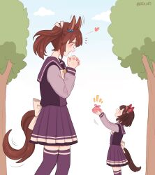 Rule 34 | 2girls, animal ears, bento, blush, bow, bowtie, brown hair, closed eyes, commentary, ear covers, feet out of frame, giant, giantess, hairband, heart, hishi akebono (umamusume), horse ears, horse girl, horse tail, interlocked fingers, long sleeves, looking at another, motion lines, multiple girls, nishino flower (umamusume), notice lines, open mouth, outdoors, own hands together, purple shirt, purple skirt, purple thighhighs, rio (rio 067), sailor collar, shirt, skirt, smile, standing, symbol-only commentary, tail, thighhighs, tree, twintails, twitter username, umamusume, wrapped bento