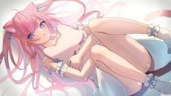 Rule 34 | 1girl, absurdres, alternate costume, animal ears, arm cuffs, bare legs, bare shoulders, blue hair, blue ribbon, blush, cat ears, cat girl, cat tail, commentary, commission, english commentary, feet out of frame, hair ornament, hair ribbon, highres, hololive, hugging object, knees up, long hair, looking at viewer, lying, minato aqua, multicolored hair, nisi ki no, on back, parted lips, pink hair, purple eyes, ribbon, sidelocks, skeb commission, solo, streaked hair, stuffed animal, stuffed toy, tail, tsurime, very long hair, virtual youtuber, white footwear, x hair ornament