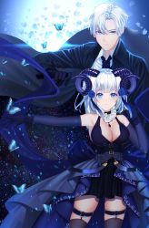 Rule 34 | 1boy, 1girl, animal, bad id, bad pixiv id, bare shoulders, black coat, black gloves, black neckwear, blue butterfly, blue eyes, blue flower, blue gloves, blue horns, blue rose, blue theme, blush, brown thighhighs, bug, butterfly, closed mouth, coat, corset, curled horns, demon girl, dhfz181, dress, elbow gloves, flower, frilled gloves, frills, gloves, hair between eyes, hair flower, hair ornament, highres, horns, insect, lens flare, looking at viewer, medium hair, necktie, open clothes, open coat, original, petals, rose, sky, star (sky), starry sky, thigh strap, thighhighs, white hair