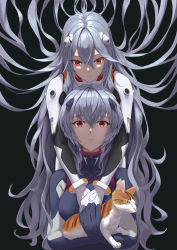 Rule 34 | 2girls, absurdres, ayanami rei, black background, blue hair, bodysuit, cat, dual persona, evangelion: 3.0+1.0 thrice upon a time, hair between eyes, highres, interface headset, long hair, multiple girls, neon genesis evangelion, plugsuit, rebuild of evangelion, red eyes, simple background, vincent ky