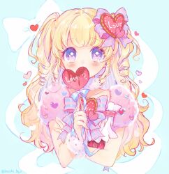 Rule 34 | 1girl, blonde hair, blue background, blue ribbon, blush, bow, candy, commentary request, covered mouth, cropped torso, food, fur collar, hair bow, hair ornament, heart, heart hair ornament, heart lollipop, holding, holding candy, holding food, holding lollipop, idol time pripara, lollipop, long hair, looking at viewer, pink bow, pretty series, pripara, puffy short sleeves, puffy sleeves, purple eyes, ribbon, ringlets, shaped lollipop, short sleeves, solo, touyama soboro, two side up, valentine, white bow, yumekawa yui