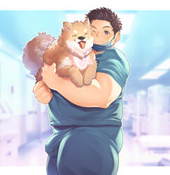 Rule 34 | 1boy, :t, absurdres, affectionate, animal, bara, blush, brown hair, bulge, cheek press, covered penis, cowboy shot, doctor, dog, facial hair, highres, holding, holding animal, looking at viewer, male focus, mask, mouth mask, one eye closed, original, osu (osumankokuou), scrub, short hair, sideburns stubble, solo, standing, stubble, thick thighs, thighs