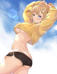 Rule 34 | 1girl, absurdres, arms up, ass, back, black shorts, blue eyes, blue sky, blush, breasts, brown hair, closed mouth, cloud, crop top, dolphin shorts, hair ornament, highres, hololive, hololive english, honkivampy, lens flare, looking at viewer, medium breasts, no bra, outdoors, short hair, short shorts, shorts, sky, smile, solo, standing, thighs, twisted torso, underboob, virtual youtuber, watson amelia