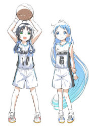 Rule 34 | 10s, 2girls, :d, arms behind back, arms up, ball, basketball, basketball (object), basketball uniform, blue eyes, blue hair, green eyes, kantai collection, kunreishiki, long hair, low twintails, multiple girls, no socks, open mouth, romaji text, samidare (kancolle), shoes, simple background, smile, sneakers, socks, sportswear, suzukaze (kancolle), sweatband, twintails, very long hair, watarai keiji, white background