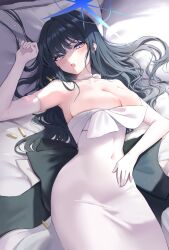 Rule 34 | 1girl, absurdres, bed sheet, black hair, blue archive, blue eyes, blue halo, blush, breasts, choker, cleavage, collarbone, covered navel, dress, elbow gloves, fankey, gloves, halo, highres, korean commentary, large breasts, long hair, lying, official alternate costume, on back, open mouth, saori (blue archive), saori (dress) (blue archive), solo, strapless, strapless dress, torn clothes, torn gloves, white choker, white dress, white gloves