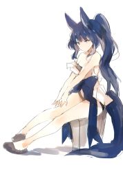 Rule 34 | 1girl, animal ears, bare shoulders, blue hair, brown eyes, closed mouth, full body, long hair, looking to the side, lpip, original, sidelocks, simple background, sitting, sketch, slippers, solo, tail, thighs, very long hair, wavy hair, white background