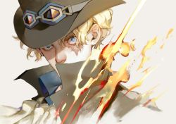 Rule 34 | 1boy, ascot, bad id, bad pixiv id, beige background, black hat, blonde hair, blue eyes, covered mouth, fire, goggles, goggles on headwear, hat, high collar, linrereren, looking at viewer, male focus, one piece, sabo (one piece), scar, short hair, simple background, solo, upper body, white ascot