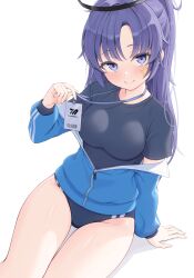 Rule 34 | 1girl, blue archive, blush, breasts, buruma, closed mouth, gym uniform, halo, heartsix, highres, id card, jacket, jacket partially removed, lanyard, long hair, medium breasts, off shoulder, official alternate costume, parted bangs, partially unzipped, purple eyes, purple hair, simple background, sitting, smile, solo, star sticker, sticker on face, thighs, track jacket, white background, yuuka (blue archive), yuuka (track) (blue archive)
