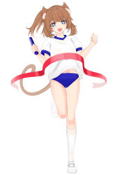 Rule 34 | absurdres, animal ears, ayana linwood, blue buruma, blue eyes, brown hair, buruma, cat ears, cat girl, cat tail, gym uniform, highres, side ponytail, tail, virtual youtuber