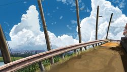 Rule 34 | banishment, bridge, cloud, commentary request, day, grass, highres, no humans, original, outdoors, power lines, railing, scenery, sky, summer