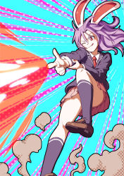Rule 34 | 1girl, :q, ;), animal ears, ass, black jacket, black socks, blazer, blue background, brown footwear, commentary, convenient leg, danmaku, dust, energy beam, finger gun, firing, floating hair, hand on own arm, highres, inuno rakugaki, jacket, kneehighs, loafers, long hair, mixed-language commentary, necktie, one eye closed, outstretched arm, pink skirt, pleated skirt, polka dot, polka dot background, purple hair, rabbit ears, red eyes, red necktie, reisen udongein inaba, shoes, skirt, smile, socks, solo, tongue, tongue out, touhou, v-shaped eyebrows
