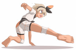 Rule 34 | 1girl, arm support, barefoot, bea (pokemon), black bodysuit, black hairband, blonde hair, bodysuit, bodysuit under clothes, bow hairband, collared shirt, commentary request, creatures (company), game freak, grey eyes, hair between eyes, hairband, knee pads, kurachi mizuki, nintendo, open mouth, pokemon, pokemon swsh, print shirt, print shorts, shirt, short hair, short sleeves, shorts, soles, solo, squatting, teeth, toes, tongue, upper teeth only, white background