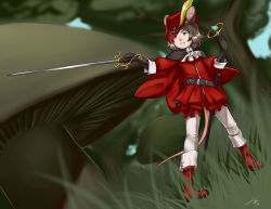 Rule 34 | 1boy, animal ears, aogami, billa the mouse (billabo), boots, brown hair, cape, final fantasy, final fantasy xiv, green eyes, hat, highres, mouse ears, mouse tail, red mage (final fantasy), scabbard, sheath, short hair, signature, sword, tail, weapon