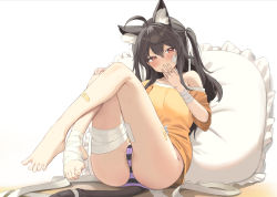 Rule 34 | 1girl, ahoge, animal ear fluff, animal ears, bandaged arm, bandaged foot, bandaged leg, bandages, bandaid, bandaid on face, bandaid on leg, barefoot, black hair, blush, closed mouth, commission, covering own mouth, crossed ankles, full body, hair between eyes, highres, knees up, long hair, looking at viewer, off shoulder, original, panties, partially visible vulva, purple panties, shirt, sitting, smile, solo, twin (tt lsh), two side up, underwear, yellow shirt