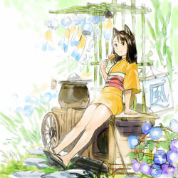 Rule 34 | 1girl, animal ears, arm support, bamboo, bare shoulders, brown hair, cart, closed mouth, flower, food, grass, highres, holding, holding food, ice cream, japanese clothes, kimono, lantern, leaning back, looking at viewer, medium hair, no socks, obi, paper lantern, sandals, sash, smile, solo, umishima senbon, wide sleeves, yellow kimono, yukata