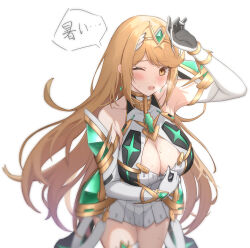 Rule 34 | 1girl, ;o, absurdres, arm up, armpits, blonde hair, blush, breasts, circlet, cleavage, cleavage cutout, clothing cutout, core crystal (xenoblade), cowboy shot, downblouse, dress, earrings, elbow gloves, gloves, heavy breathing, highres, jewelry, large breasts, leaning forward, long hair, looking at viewer, mythra (xenoblade), nixo (gugunico), one eye closed, open mouth, simple background, solo, thigh strap, very long hair, white background, white dress, white gloves, xenoblade chronicles (series), xenoblade chronicles 2, yellow eyes