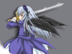 Rule 34 | 00s, 1girl, black wings, bow, cowboy shot, dress, frilled sleeves, frills, grey background, hairband, headband, juliet sleeves, lolita hairband, long hair, long sleeves, puffy long sleeves, puffy sleeves, purple dress, ribbon, rozen maiden, silver hair, simple background, solo, standing, suigintou, sword, unsheathed, wan&#039;yan aguda, weapon, wings
