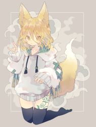 Rule 34 | 1girl, adapted costume, alternate costume, animal ear fluff, animal ears, black thighhighs, blonde hair, bodypaint, closed mouth, collarbone, commentary request, contemporary, cross, fox ears, fox shadow puppet, fox tail, full body, grey background, grey hoodie, hair between eyes, hands up, highres, hood, hood down, hoodie, kneeling, kudamaki tsukasa, long sleeves, looking at viewer, medium hair, nikorashi-ka, no shoes, pom pom (clothes), pouty lips, puffy long sleeves, puffy sleeves, seiza, short hair, sitting, sleeves past wrists, solo, tail, tattoo, thighhighs, touhou, white hoodie, yellow eyes