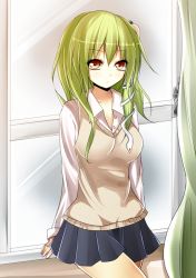 Rule 34 | 1girl, alternate costume, bad id, bad pixiv id, breasts, buttons, contemporary, curtains, dress shirt, eyelashes, female focus, frog hair ornament, frown, green hair, hair ornament, kochiya sanae, kyowosuke, long sleeves, looking at viewer, medium breasts, miniskirt, red eyes, school uniform, shirt, sitting, skirt, snake, solo, sweater, sweater vest, touhou, window, windowsill