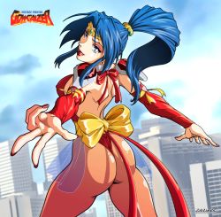 Rule 34 | 1girl, ass, blue eyes, blue hair, breasts, choujin gakuen gowcaizer, cityscape, copyright name, covered erect nipples, cowboy shot, detached sleeves, from behind, highres, hishizaki shaia (gowcaizer), jewelry, leotard, lipstick, long hair, looking at viewer, looking back, makeup, matching hair/eyes, medium breasts, nail polish, outdoors, pantyhose, parted lips, ponytail, red leotard, revealing clothes, ring, see-through, shoulder pads, solo, zabzarock