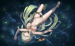 Rule 34 | 1girl, absurdres, artist request, barefoot, breasts, clover theater, corpse, death, empty eyes, feet, female focus, flower, flower on head, full body, green eyes, hair ornament, highres, long hair, nipples, partially submerged, pussy, rolling eyes, solo, toes, water