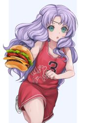 Rule 34 | 1girl, alternate costume, burger, clenched hand, commentary request, commission, fire emblem, fire emblem: the blazing blade, florina (fire emblem), food, green eyes, highres, jersey, long hair, looking at viewer, nintendo, open mouth, purple hair, red shorts, shimizu akina, shorts, skeb commission, solo