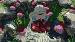 Rule 34 | 1girl, baggy pants, bow, commentary request, covered face, crossed arms, fern, flower, fujiwara no mokou, full body, hair bow, hands on own shoulders, highres, hugging own legs, kajatony, knees up, long hair, nature, ofuda, ofuda on clothes, pants, red bow, red pants, rock, shirt, short sleeves, solo, thistle, touhou, very long hair, white hair, white shirt