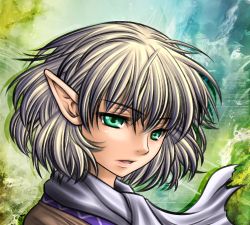 Rule 34 | 1girl, blonde hair, female focus, five-seven (0verlimits), green eyes, lips, mizuhashi parsee, open mouth, pointy ears, portrait, scarf, short hair, solo, touhou