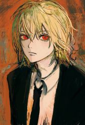 Rule 34 | 1boy, black necktie, black suit, blonde hair, bright pupils, closed mouth, formal, frown, hair between eyes, highres, hunter x hunter, inuo (inuo x), kurapika, male focus, necktie, painterly, red eyes, sketch, solo, suit, upper body, white pupils