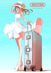 Rule 34 | 1girl, blue background, brown eyes, brown hair, closed mouth, day, dress, fake ad, floating hair, from side, gradient background, hat, high heels, highres, long hair, long legs, looking to the side, luggage, original, outdoors, platform footwear, platform heels, profile, rolling suitcase, shoes, smile, solo, spaghetti strap, standing, suitcase, sun hat, sundress, swav, white dress, white footwear