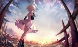 1girl ahat_(ta_ga_tame_no_alchemist) bare_legs bare_shoulders black_footwear cloud dress from_behind official_alternate_costume official_art outdoors prosthesis rubble second-party_source short_hair solo standing sunrise ta_ga_tame_no_alchemist white_dress