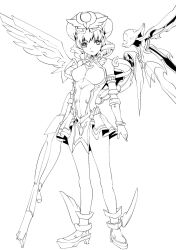 Rule 34 | 10s, 1girl, angel, angel girl, angel wings, armlet, armor, armored dress, artist request, asymmetrical wings, bare legs, boots, breastplate, breasts, drill hair, from side, gun, hat, high heels, highres, holding, holding gun, holding weapon, laila (queen&#039;s blade), large breasts, looking at viewer, mechanical wings, miniskirt, monochrome, no bra, queen&#039;s blade, queen&#039;s blade rebellion, revealing clothes, shoes, short hair, sideboob, skirt, solo, standing, weapon, winged footwear, winged hat, wings