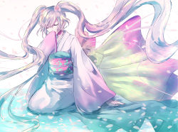 Rule 34 | 1girl, alicetype, closed eyes, floating hair, flower, hair flower, hair ornament, hatsune miku, highres, japanese clothes, kimono, long hair, obi, sash, sitting, solo, twintails, very long hair, vocaloid