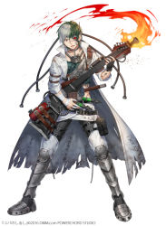 Rule 34 | 1boy, arm belt, armor, asymmetrical gloves, bandages, black gloves, black hair, boots, fingerless gloves, fire, full body, gloves, greaves, guitar, instrument, jacket, looking at viewer, male focus, multicolored hair, official art, open mouth, pouch, silver legwear, solo, standing, taranboman, two-tone hair, uneven gloves, white background, white hair, white jacket, yuba no shirushi