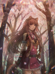 Rule 34 | 1girl, animal ears, arm behind back, belt, belt buckle, boots, brown belt, brown gloves, brown hair, buckle, cowboy shot, dress, floating hair, forest, gloves, highres, long hair, looking at viewer, nature, neck ribbon, petals, raccoon ears, raccoon girl, raccoon tail, raphtalia, red eyes, red ribbon, ribbon, short dress, solo, standing, stephanie sybydlo, tail, tate no yuusha no nariagari, thigh boots, thighhighs, tree, very long hair