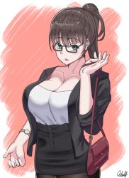 bag black_pantyhose breasts brown_hair cleavage collarbone formal_clothes glasses green_eyes handbag himeliofon large_breasts miniskirt office_lady open_mouth original pantyhose ponytail raised_eyebrows rectangular_eyewear red_background semi-rimless_eyewear skirt solo suit surprised watch