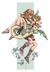 Rule 34 | 1boy, 1girl, blonde hair, carrying, colored sclera, dragon girl, dragon horns, dragon tail, flower, green eyes, highres, horns, light dragon (zelda), link, looking at another, mijiang 7, nintendo, pointy ears, princess carry, princess zelda, purple sclera, sandals, short hair, silent princess, spines, tail, the legend of zelda, the legend of zelda: tears of the kingdom, toeless footwear, topless male