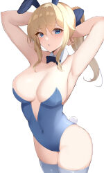 Rule 34 | 1girl, absurdres, animal ears, armpits, arms behind head, arms up, bare shoulders, blonde hair, blue eyes, blue leotard, blue thighhighs, blush, bow, bowtie, breasts, cleavage, collarbone, commentary, covered navel, cowboy shot, detached collar, fake animal ears, genshin impact, hair between eyes, hair bow, haneramu, highleg, highleg leotard, highres, jean (genshin impact), large breasts, leotard, long hair, looking at viewer, parted lips, playboy bunny, ponytail, rabbit ears, rabbit tail, sidelocks, simple background, solo, strapless, strapless leotard, tail, thighhighs, thighs, white background