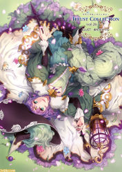 Rule 34 | 10s, 1girl, :d, aqua eyes, artist name, black hat, breasts, character name, circlet, cleavage, copyright name, diamond (shape), dress, eyebrows, famitsu, flower, granblue fantasy, grass, green dress, hat, high heels, lantern, lennah, lennah (granblue fantasy), long sleeves, looking at viewer, lying, on back, open mouth, otabe sakura, petals, purple hair, shoes, short hair, small breasts, smile, solo, staff, text focus, wizard hat
