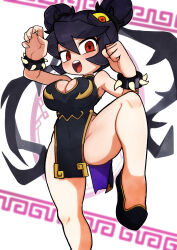 Rule 34 | 1girl, alternate costume, alternate hairstyle, black hair, bracelet, breasts, capcom, chinese clothes, chun-li, chun-li (cosplay), cleavage, cleavage cutout, clenched hand, clothing cutout, cosplay, double bun, fighting stance, filia (skullgirls), hair bun, highres, imeni-art, jewelry, large breasts, leg up, long hair, looking at viewer, no panties, open mouth, samson (skullgirls), shoes, skullgirls, solo, spiked bracelet, spikes, street fighter, twintails, white background