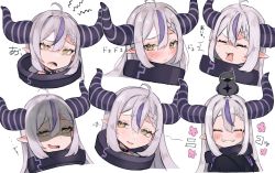 Rule 34 | 1girl, absurdres, angry, blush, braid, collar, crow (la+ darknesss), demon horns, disgust, dot nose, expression chart, frown, grey hair, hair between eyes, highres, hololive, holox, horns, la+ darknesss, long hair, multicolored hair, nemuta muu, nervous, pointy ears, portrait, purple hair, shaded face, shy, sidelocks, simple background, single braid, smile, solo, surprised, sweat, two-tone hair, virtual youtuber, white background, yellow eyes