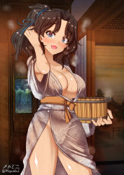 Rule 34 | 1girl, black hair, blue eyes, blush, breasts, cameltoe, cleavage, covered erect nipples, el (girls und panzer), girls und panzer, highres, impossible clothes, indoors, japanese clothes, kimono, large breasts, looking at viewer, megadeko, no bra, no panties, open mouth, smile, solo, standing