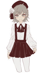 Rule 34 | 1girl, beret, black bow, black hat, black ribbon, black skirt, blush, bow, brown eyes, brown hair, closed mouth, collared shirt, flower, hair flower, hair ornament, hat, hatoba tsugu, highres, looking at viewer, mole, mole under eye, pantyhose, pleated skirt, ribbon, rose, se.a, shirt, simple background, skirt, smile, solo, suspender skirt, suspenders, virtual youtuber, white background, white flower, white pantyhose, white rose, white shirt