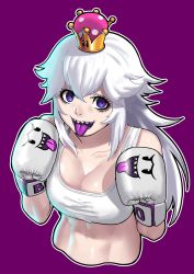 Rule 34 | 1girl, abs, blue eyes, boxing gloves, cessa, commentary, commission, cropped torso, english commentary, hands up, long hair, looking at viewer, luigi&#039;s mansion, mario (series), nintendo, open mouth, outline, princess king boo, purple background, sharp teeth, simple background, smile, solo, sports bra, super crown, teeth, tongue, tongue out, white hair, white outline, white sports bra