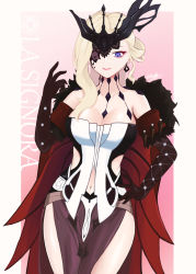 Rule 34 | 1girl, black gloves, black mask, blonde hair, blue eyes, border, breasts, brulee, cape, character name, cleavage, clothing cutout, collarbone, dangle earrings, earrings, elbow gloves, eyepatch, eyeshadow, genshin impact, gloves, hand on own hip, highres, jewelry, lace-trimmed eyepatch, lipstick, makeup, navel, navel cutout, one eye covered, pink background, red cape, red eyeshadow, signora (genshin impact), solo, studded gloves, thighs, white border